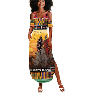 Afro Christmas in Kenya Safari Summer Maxi Dress Black Santa Riding Rhinoceros - African Pride