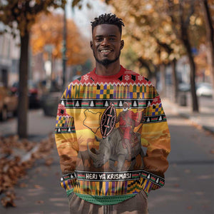 Afro Christmas in Kenya Safari Sweatshirt Black Santa Riding Rhinoceros - African Pride