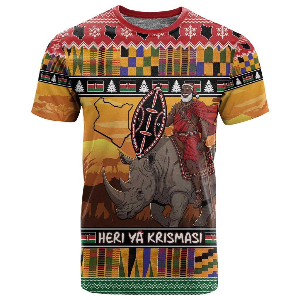 Afro Christmas in Kenya Safari T shirt Black Santa Riding Rhinoceros - African Pride