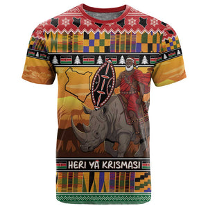 Afro Christmas in Kenya Safari T shirt Black Santa Riding Rhinoceros - African Pride