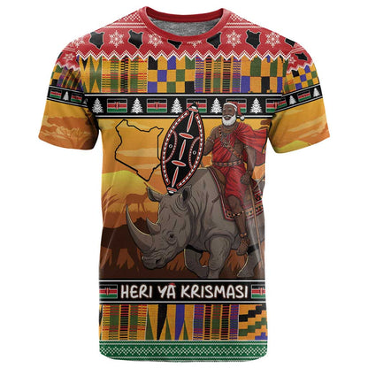 Afro Christmas in Kenya Safari T shirt Black Santa Riding Rhinoceros - African Pride
