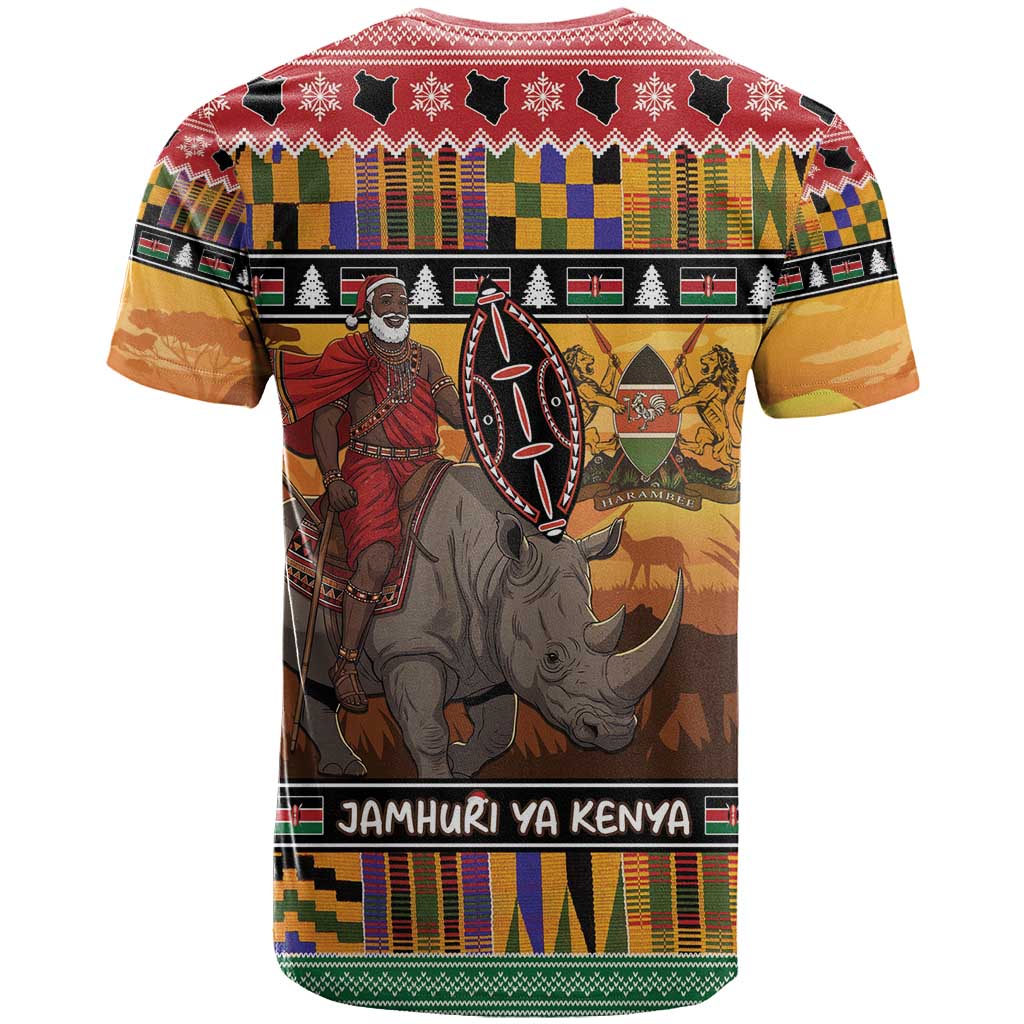 Afro Christmas in Kenya Safari T shirt Black Santa Riding Rhinoceros - African Pride