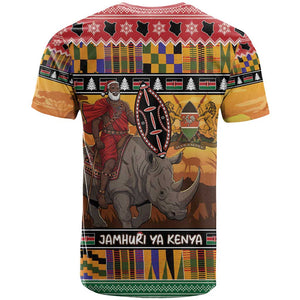 Afro Christmas in Kenya Safari T shirt Black Santa Riding Rhinoceros - African Pride