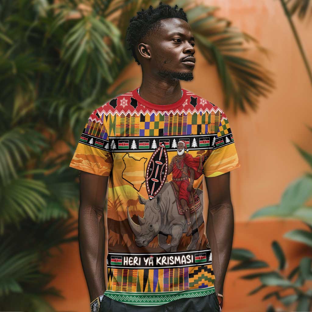 Afro Christmas in Kenya Safari T shirt Black Santa Riding Rhinoceros - African Pride