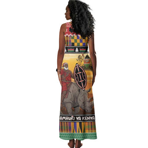 Afro Christmas in Kenya Safari Tank Maxi Dress Black Santa Riding Rhinoceros - African Pride