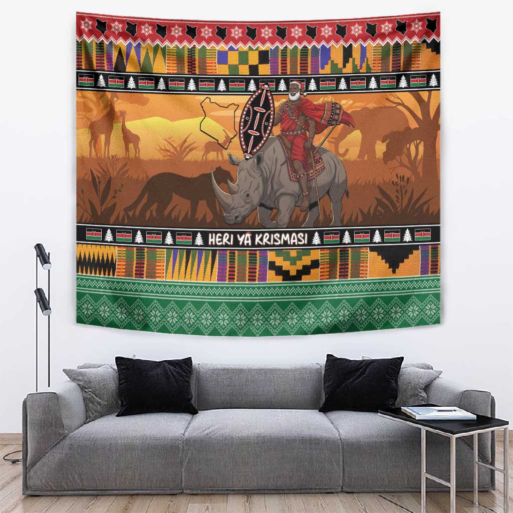 Afro Christmas in Kenya Safari Tapestry Black Santa Riding Rhinoceros - African Pride