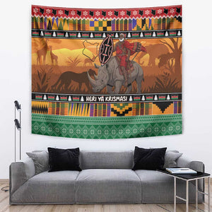 Afro Christmas in Kenya Safari Tapestry Black Santa Riding Rhinoceros - African Pride