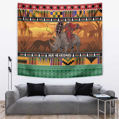 Afro Christmas in Kenya Safari Tapestry Black Santa Riding Rhinoceros - African Pride
