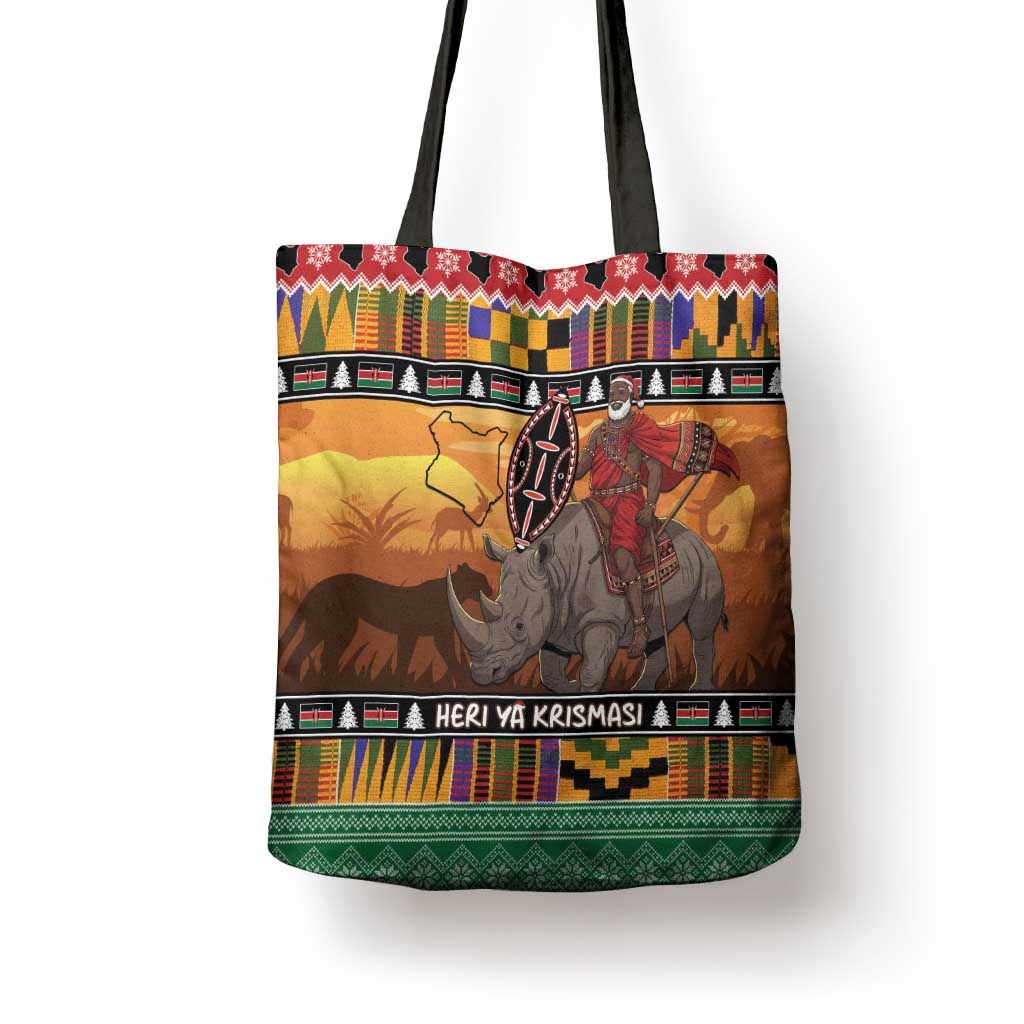 Kenya Safari Christmas Tote Bag Black Santa Riding Rhinoceros - Heri ya Krismasi