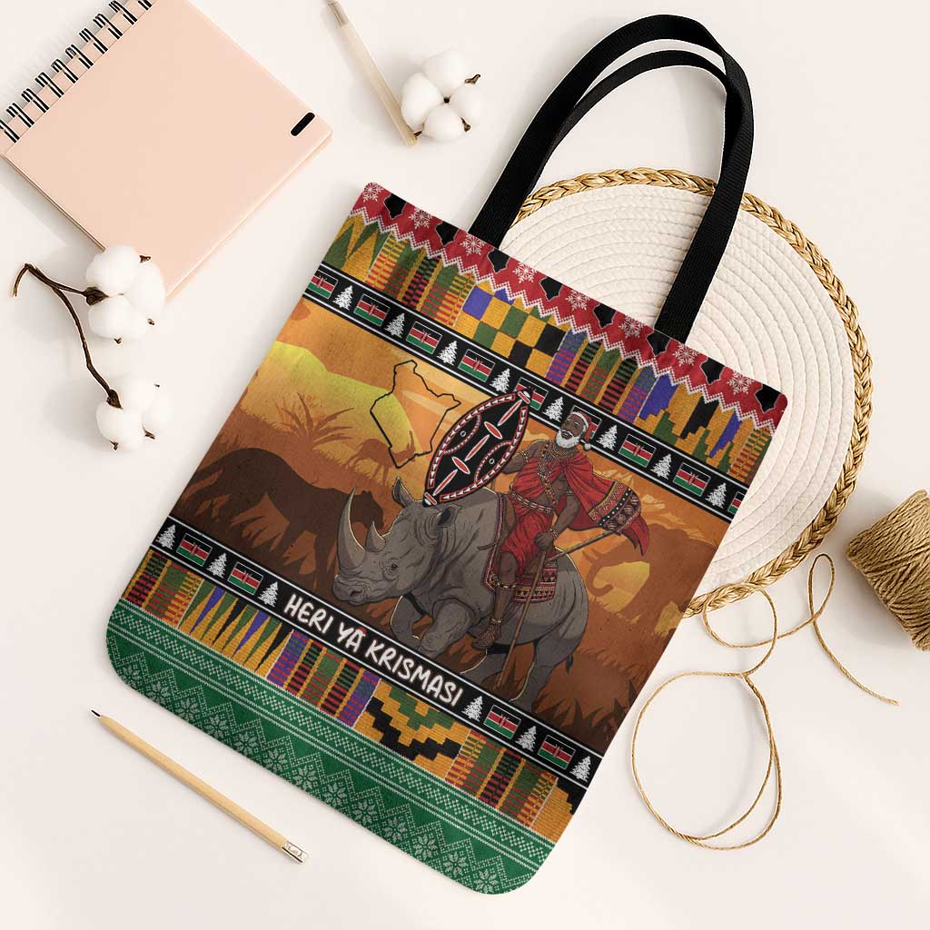 Kenya Safari Christmas Tote Bag Black Santa Riding Rhinoceros - Heri ya Krismasi