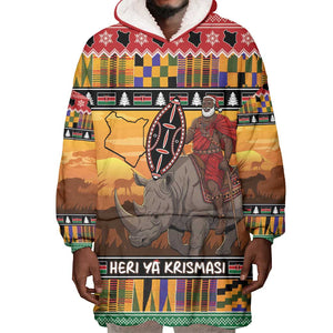 Afro Christmas in Kenya Safari Wearable Blanket Hoodie Black Santa Riding Rhinoceros - African Pride
