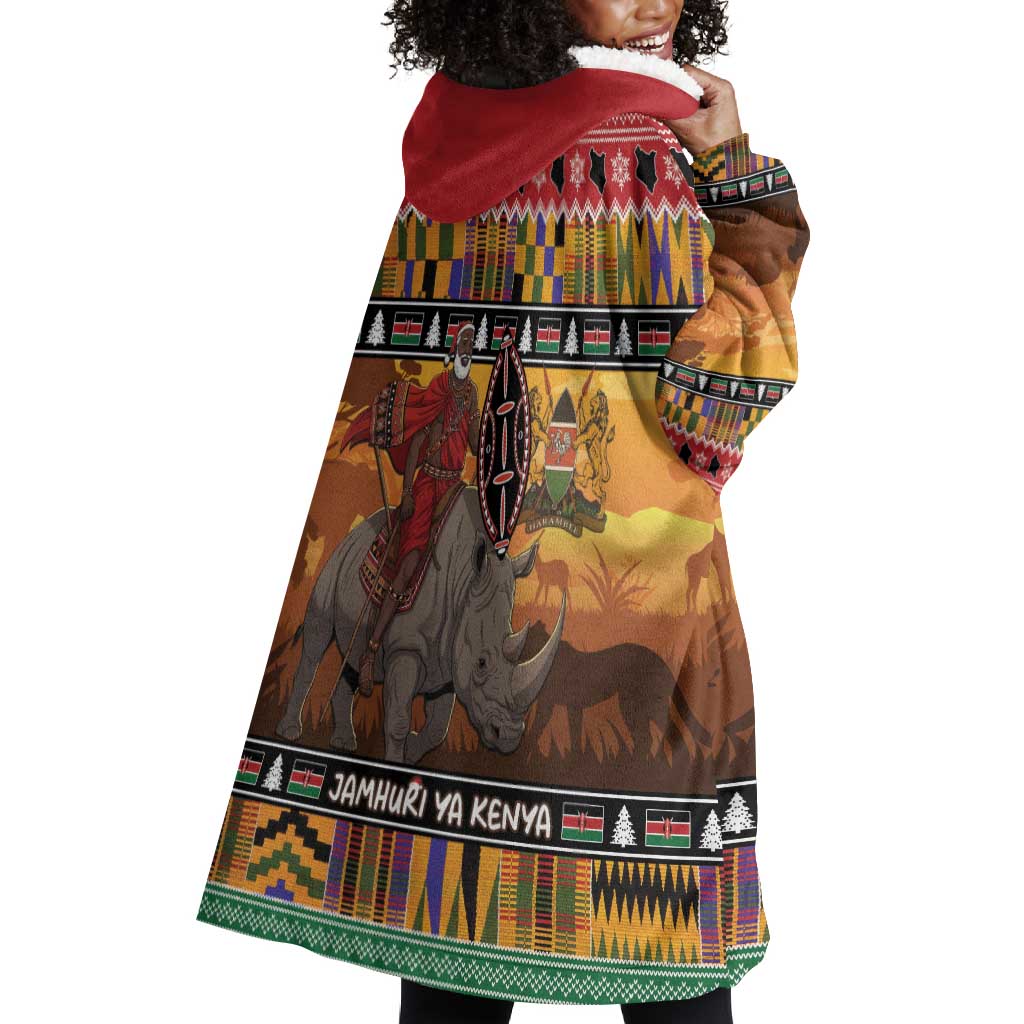 Afro Christmas in Kenya Safari Wearable Blanket Hoodie Black Santa Riding Rhinoceros - African Pride
