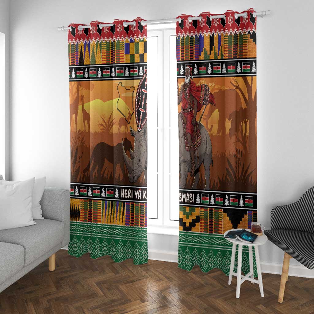 Afro Christmas in Kenya Safari Window Curtain Black Santa Riding Rhinoceros - African Pride