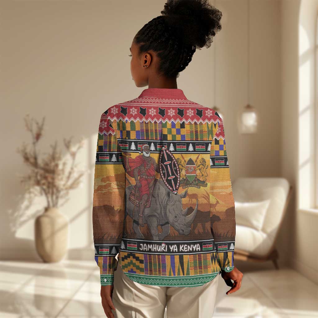 Afro Christmas in Kenya Safari Women Casual Shirt Black Santa Riding Rhinoceros - African Pride