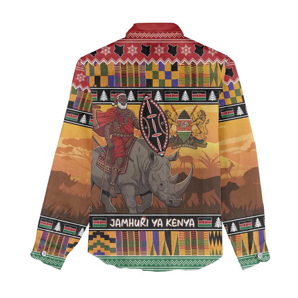 Afro Christmas in Kenya Safari Women Casual Shirt Black Santa Riding Rhinoceros - African Pride