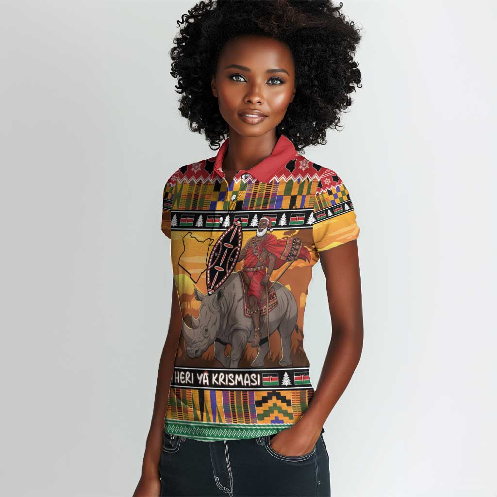 Afro Christmas in Kenya Safari Women Polo Shirt Black Santa Riding Rhinoceros - African Pride