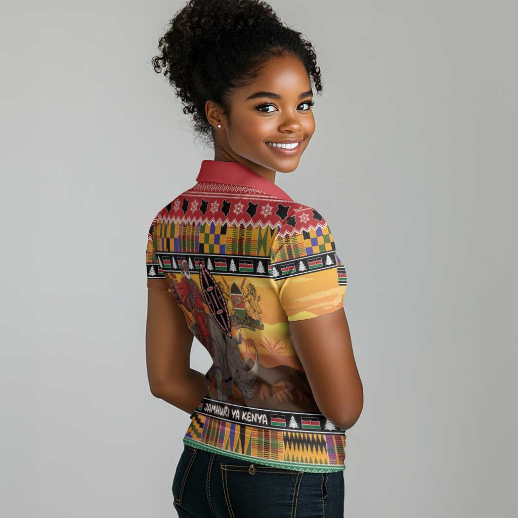 Afro Christmas in Kenya Safari Women Polo Shirt Black Santa Riding Rhinoceros - African Pride