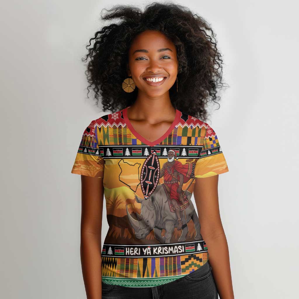 Afro Christmas in Kenya Safari Women V-Neck T-Shirt Black Santa Riding Rhinoceros - African Pride