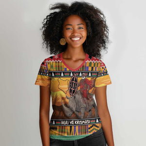 Afro Christmas in Kenya Safari Women V-Neck T-Shirt Black Santa Riding Rhinoceros - African Pride