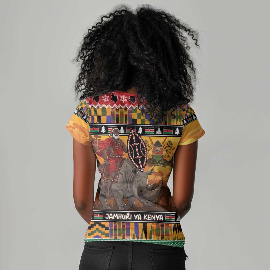 Afro Christmas in Kenya Safari Women V-Neck T-Shirt Black Santa Riding Rhinoceros - African Pride