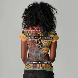 Afro Christmas in Kenya Safari Women V-Neck T-Shirt Black Santa Riding Rhinoceros - African Pride