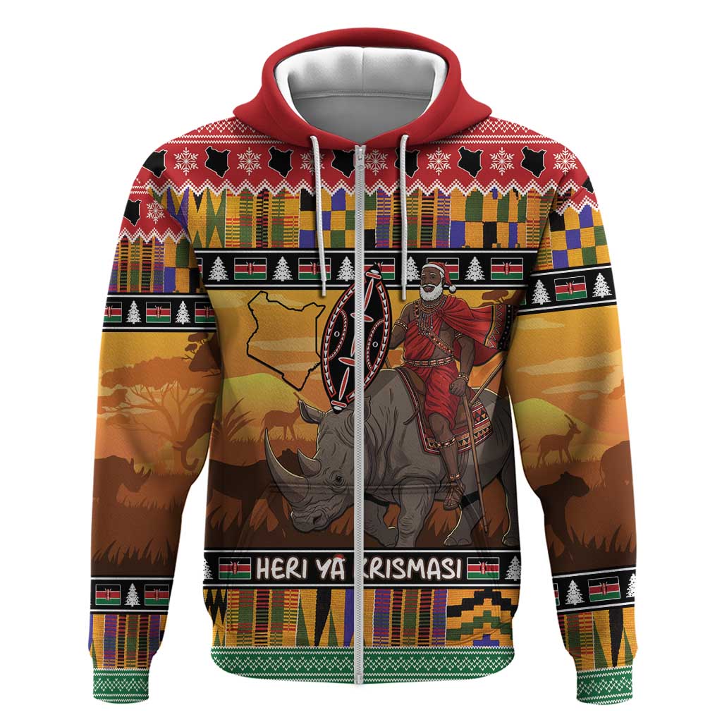 Afro Christmas in Kenya Safari Zip Hoodie Black Santa Riding Rhinoceros - African Pride