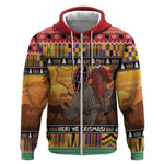 Afro Christmas in Kenya Safari Zip Hoodie Black Santa Riding Rhinoceros - African Pride
