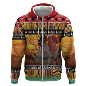 Afro Christmas in Kenya Safari Zip Hoodie Black Santa Riding Rhinoceros - African Pride