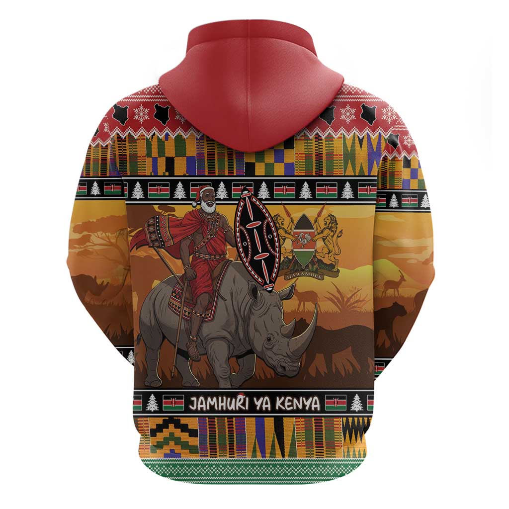 Afro Christmas in Kenya Safari Zip Hoodie Black Santa Riding Rhinoceros - African Pride