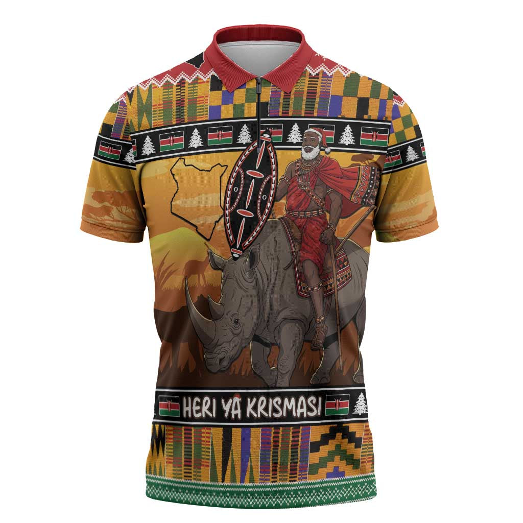 Kenya Safari Christmas Zipper Polo Shirt Black Santa Riding Rhinoceros - Heri ya Krismasi