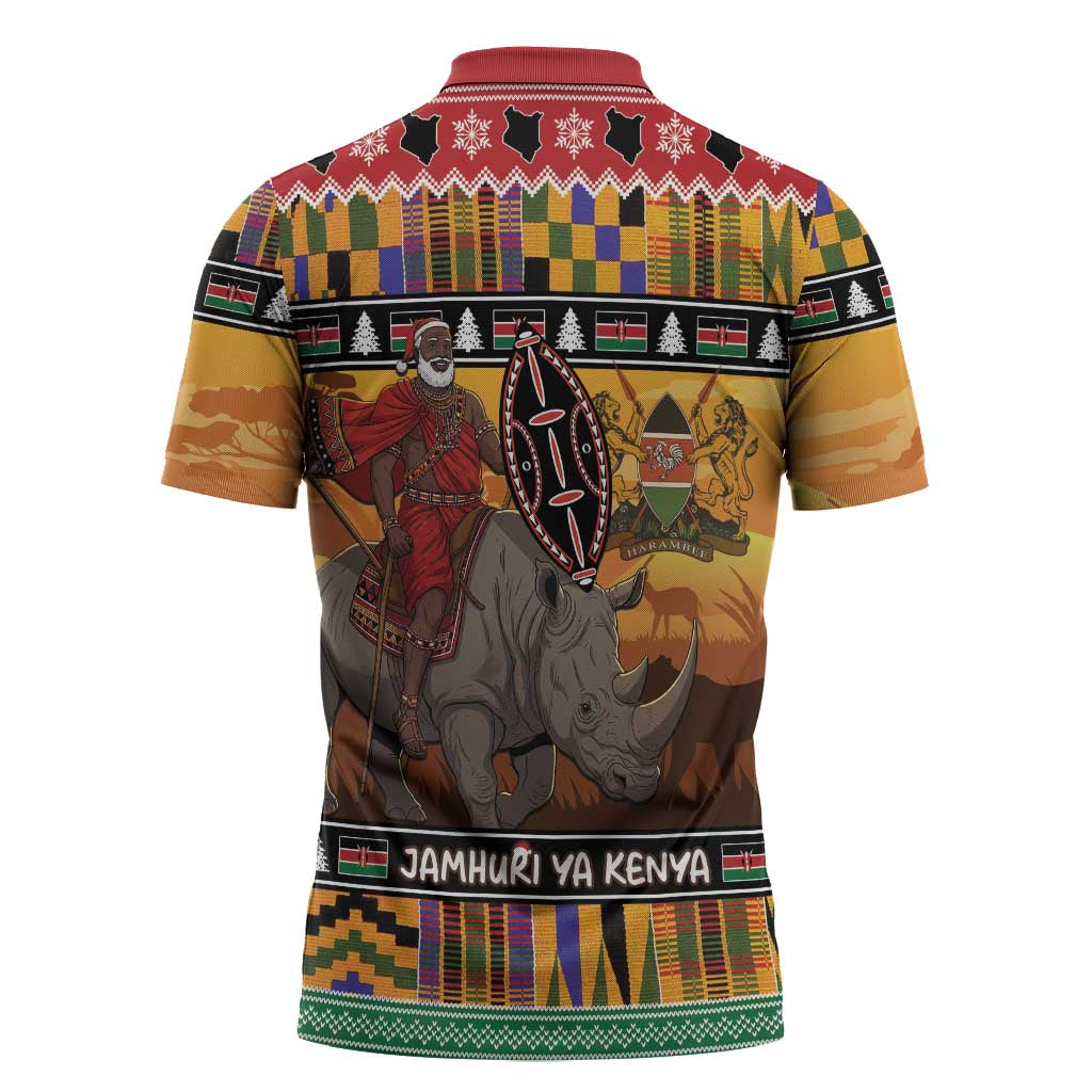 Kenya Safari Christmas Zipper Polo Shirt Black Santa Riding Rhinoceros - Heri ya Krismasi