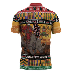 Kenya Safari Christmas Zipper Polo Shirt Black Santa Riding Rhinoceros - Heri ya Krismasi