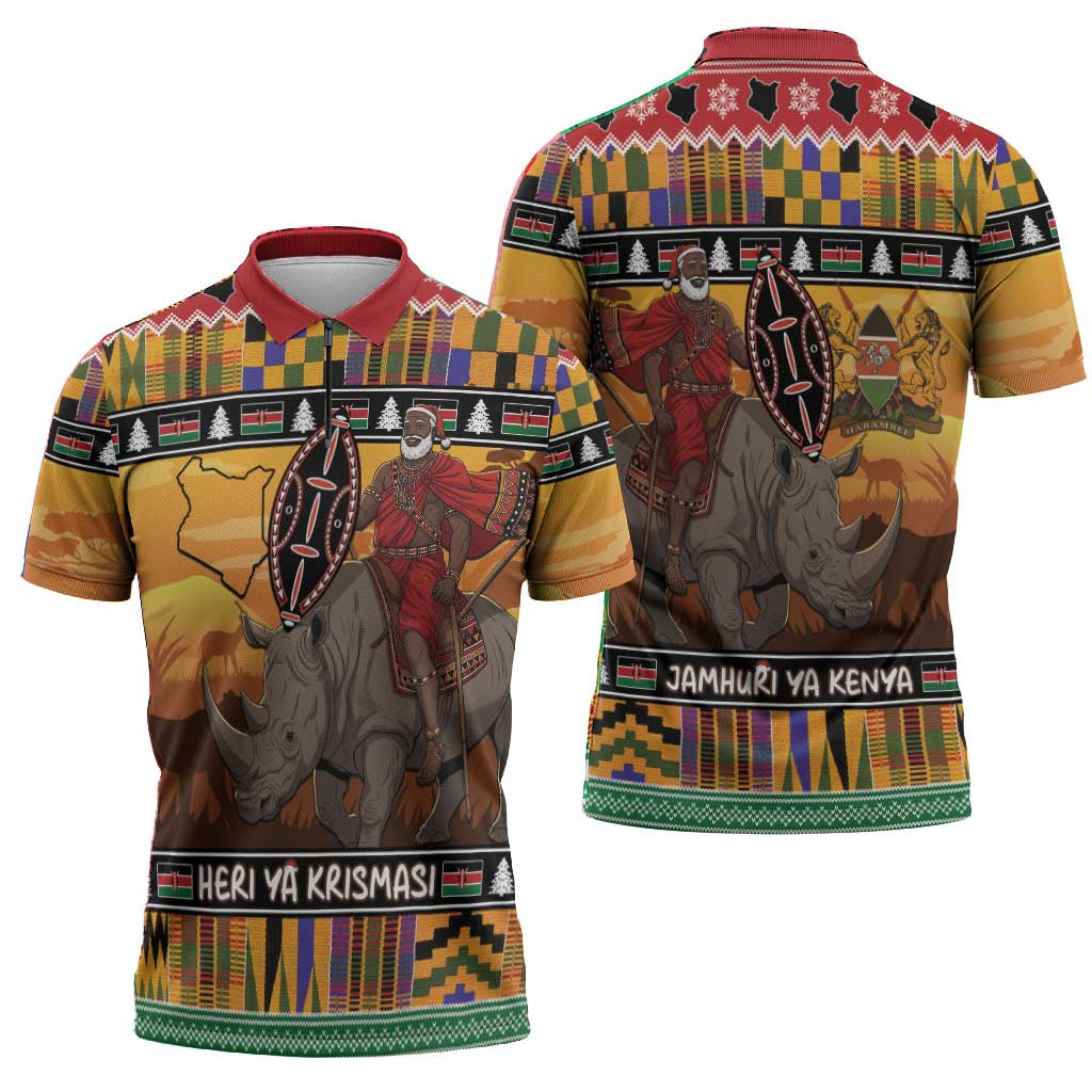 Kenya Safari Christmas Zipper Polo Shirt Black Santa Riding Rhinoceros - Heri ya Krismasi