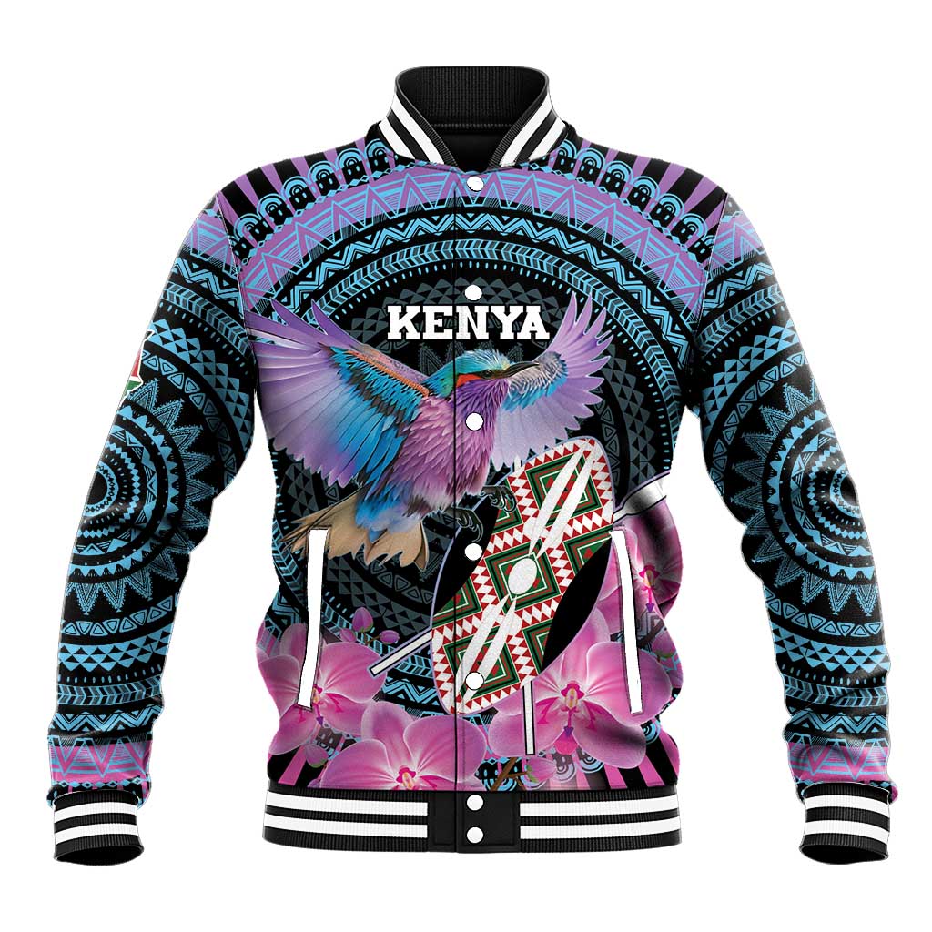 Personalised Kenya Lilac Breasted Roller Baseball Jacket Orchid Flower - African Pattern