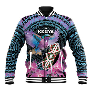 Personalised Kenya Lilac Breasted Roller Baseball Jacket Orchid Flower - African Pattern