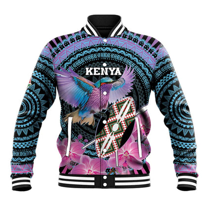Personalised Kenya Lilac Breasted Roller Baseball Jacket Orchid Flower - African Pattern