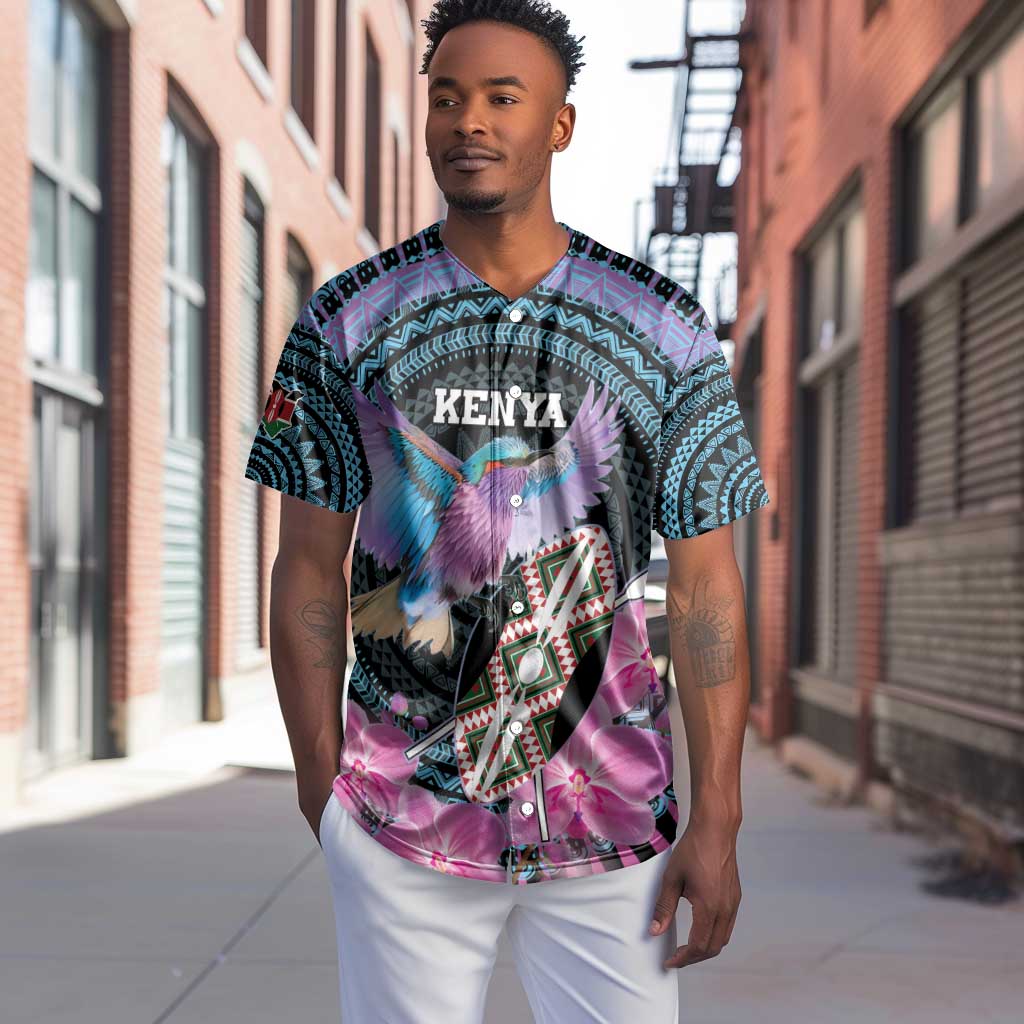 Personalised Kenya Lilac Breasted Roller Baseball Jersey Orchid Flower - African Pattern
