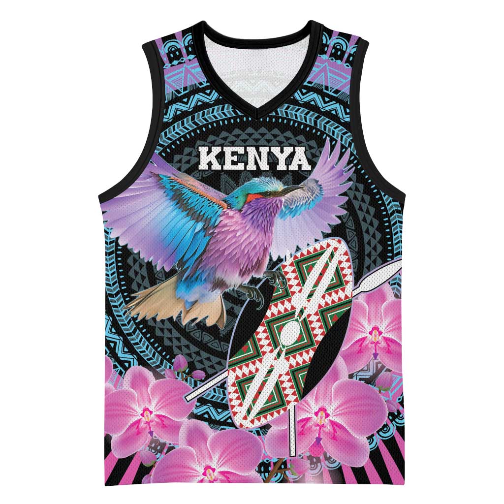 Personalised Kenya Lilac Breasted Roller Basketball Jersey Orchid Flower - African Pattern - African Pride