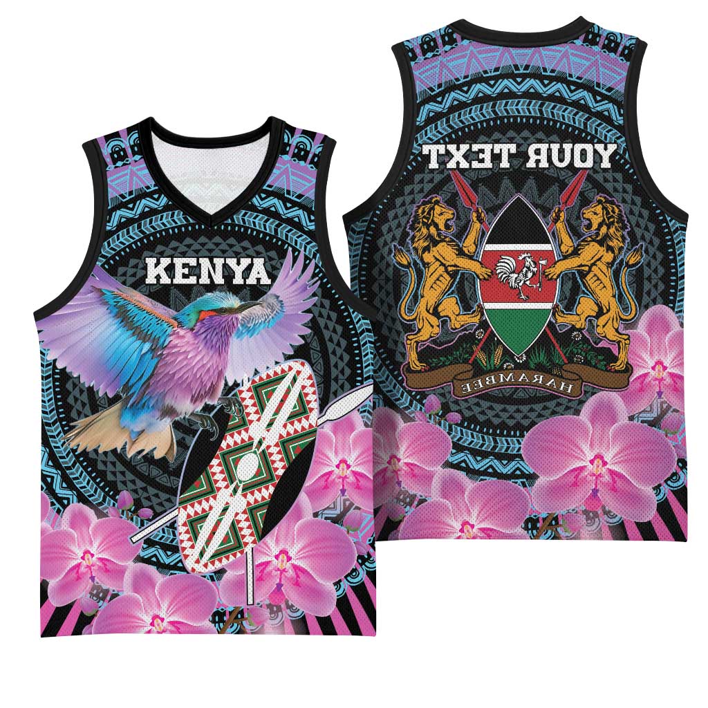 Personalised Kenya Lilac Breasted Roller Basketball Jersey Orchid Flower - African Pattern - African Pride