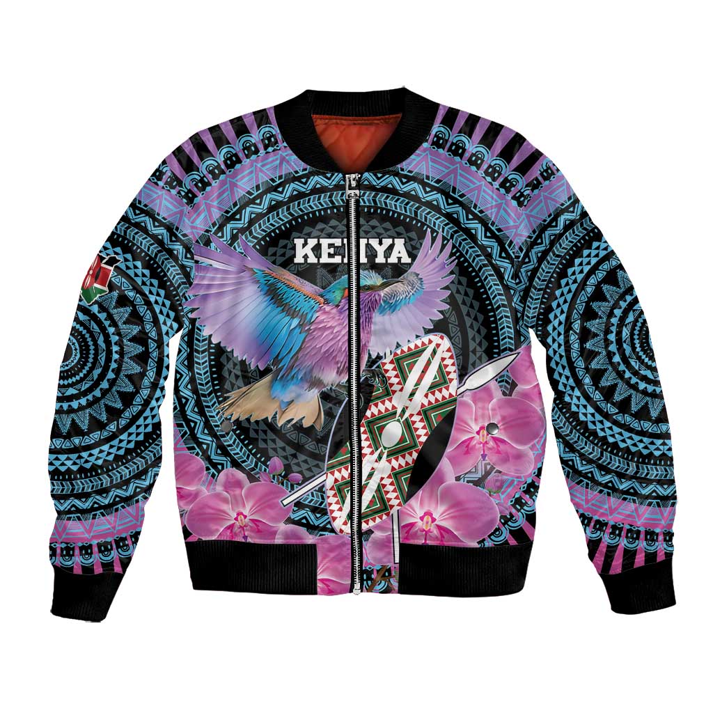 Personalised Kenya Lilac Breasted Roller Bomber Jacket Orchid Flower - African Pattern