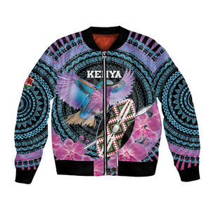 Personalised Kenya Lilac Breasted Roller Bomber Jacket Orchid Flower - African Pattern