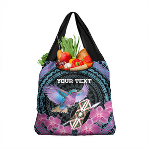 Personalised Kenya Lilac Breasted Roller Grocery Bag Orchid Flower - African Pattern