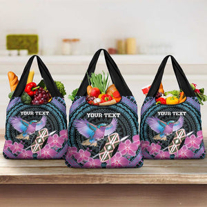 Personalised Kenya Lilac Breasted Roller Grocery Bag Orchid Flower - African Pattern