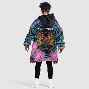 Personalised Kenya Lilac Breasted Roller Kid Wearable Blanket Hoodie Orchid Flower - African Pattern