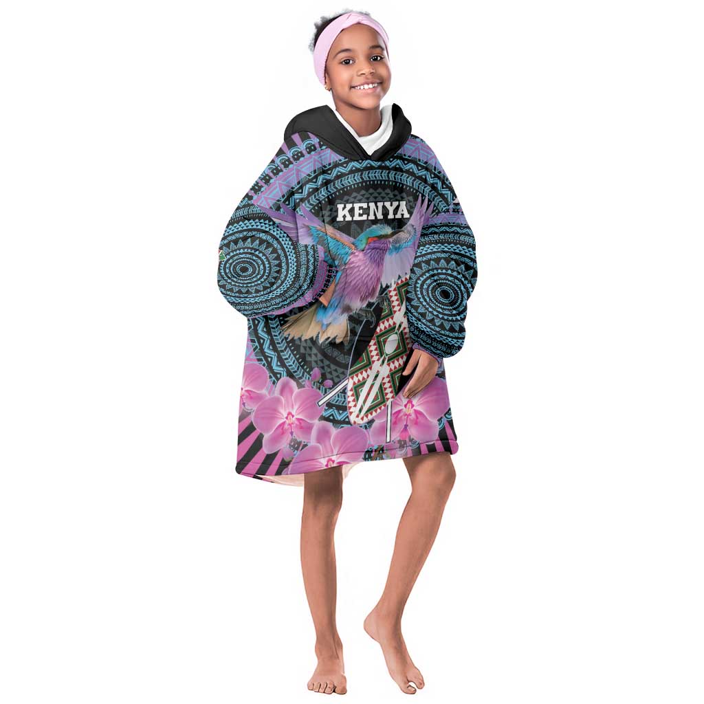 Personalised Kenya Lilac Breasted Roller Kid Wearable Blanket Hoodie Orchid Flower - African Pattern