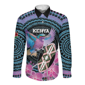 Personalised Kenya Lilac Breasted Roller Long Sleeve Button Shirt Orchid Flower - African Pattern