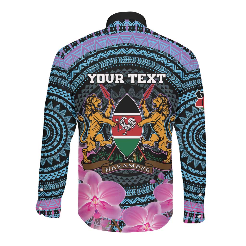 Personalised Kenya Lilac Breasted Roller Long Sleeve Button Shirt Orchid Flower - African Pattern