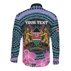 Personalised Kenya Lilac Breasted Roller Long Sleeve Button Shirt Orchid Flower - African Pattern