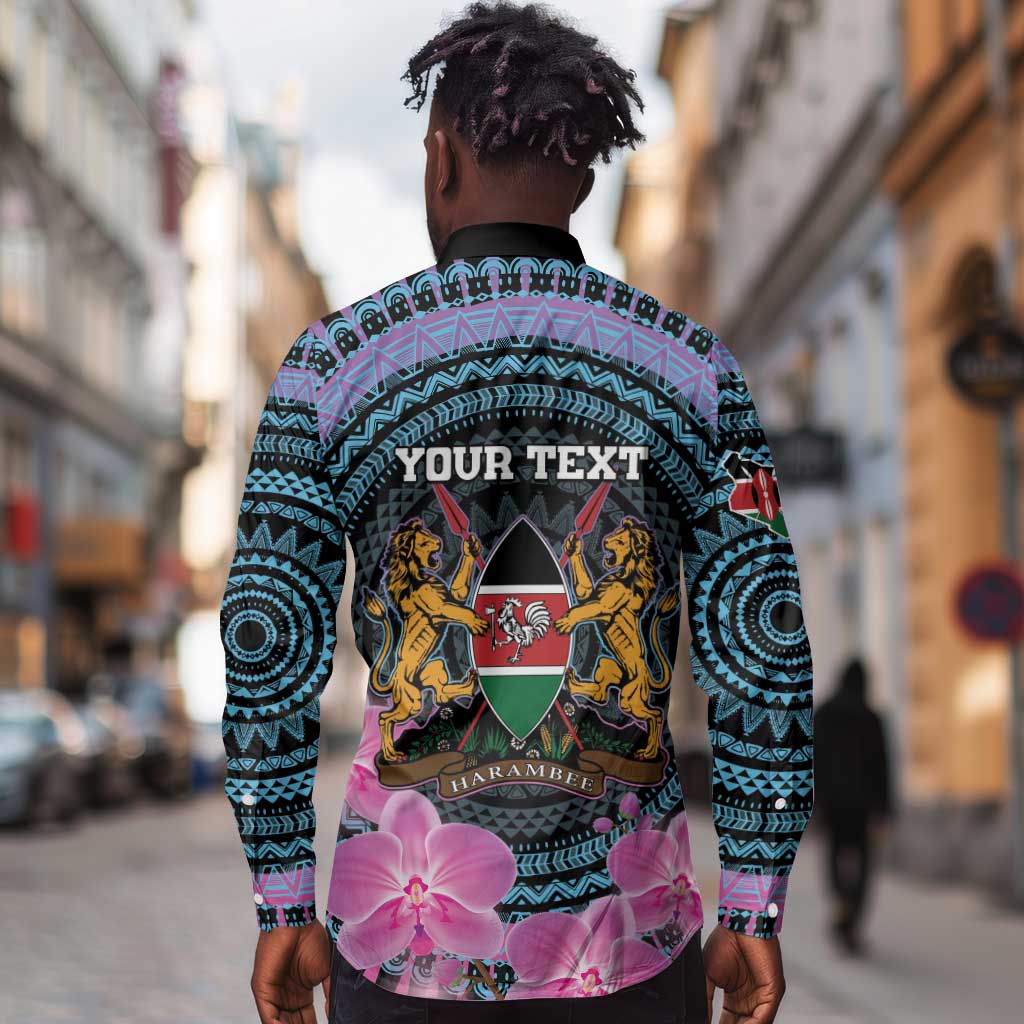 Personalised Kenya Lilac Breasted Roller Long Sleeve Button Shirt Orchid Flower - African Pattern