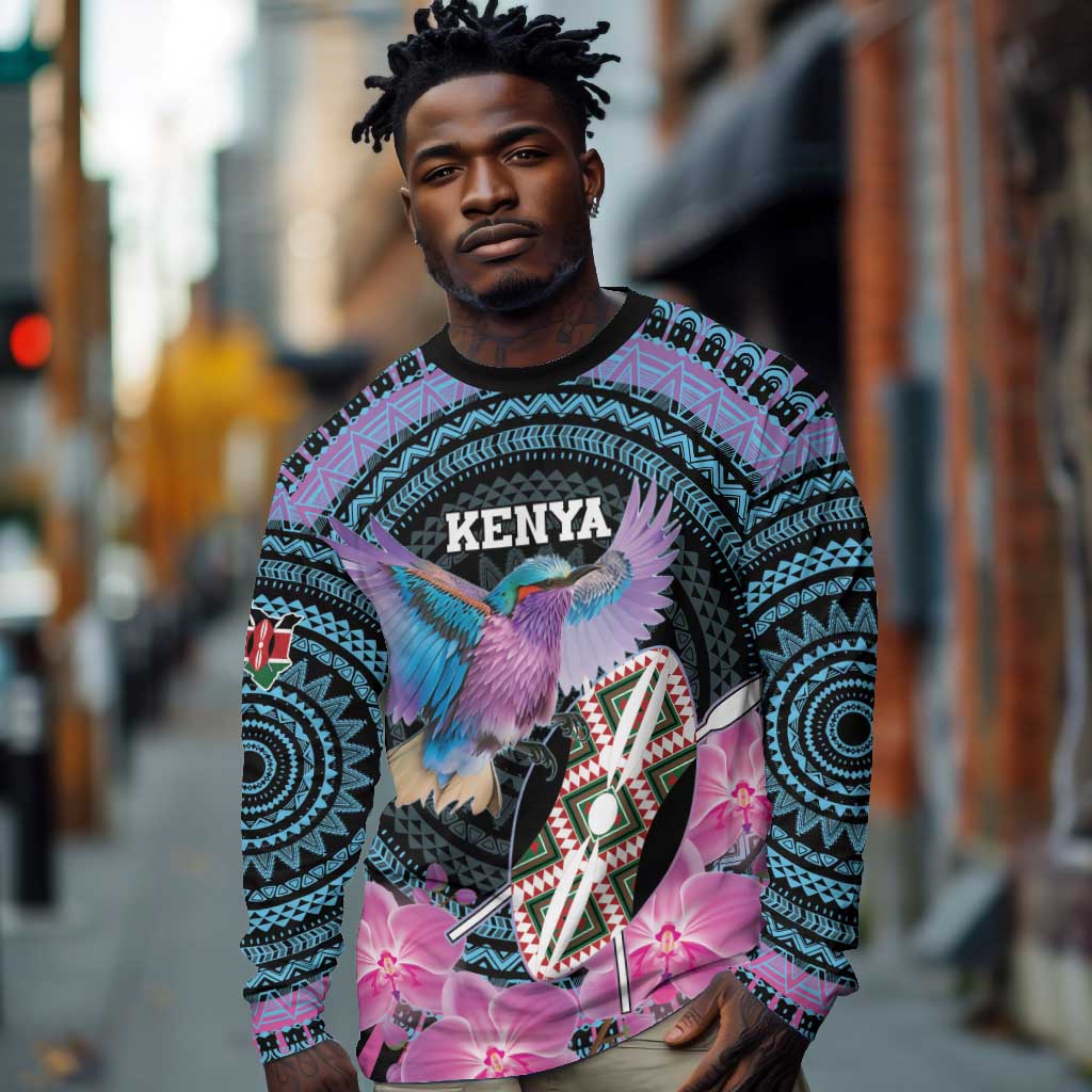 Personalised Kenya Lilac Breasted Roller Long Sleeve Shirt Orchid Flower - African Pattern